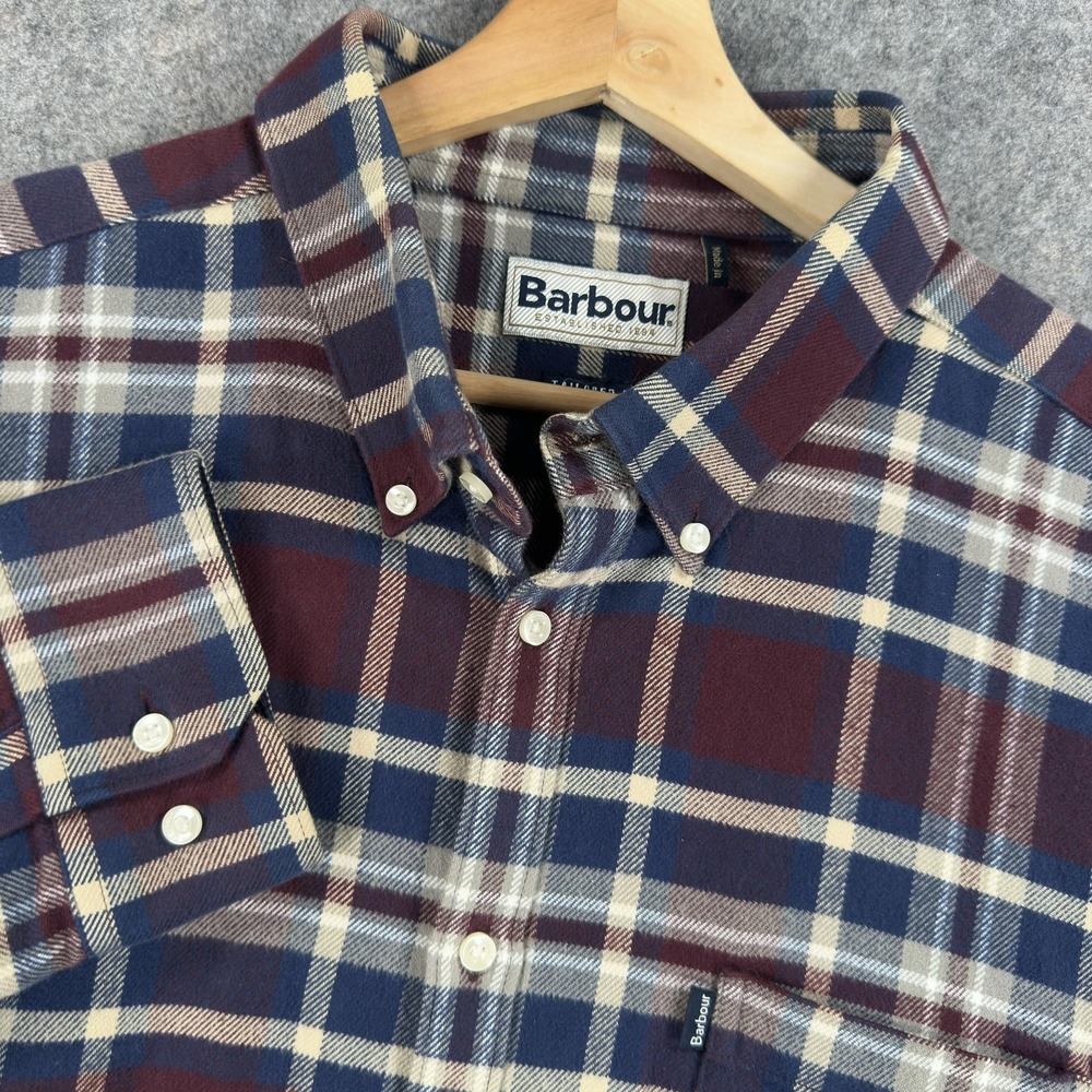 Barbour Shirt Mens XL Burgundy Plaid Flannel Long Sleeve Button Front